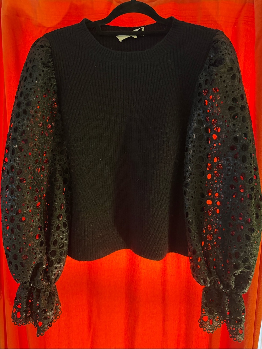 Sea NY beautiful Black Puff-Sleeve Eyelet Sweater